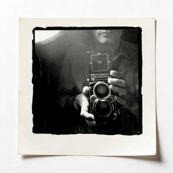 Stampa in bianco e nero su carta bianca, una figura tagliata all'altezza della bocca tiene una Rolleiflex biottica puntata verso chi guarda