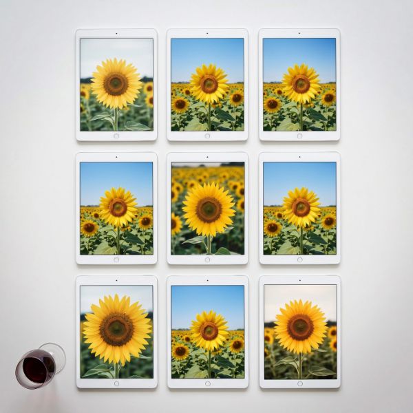 Nove iPad appesi a parete mostrano nove fotografie quasi identiche di un girasole, con un bicchiere di vino in un angolo